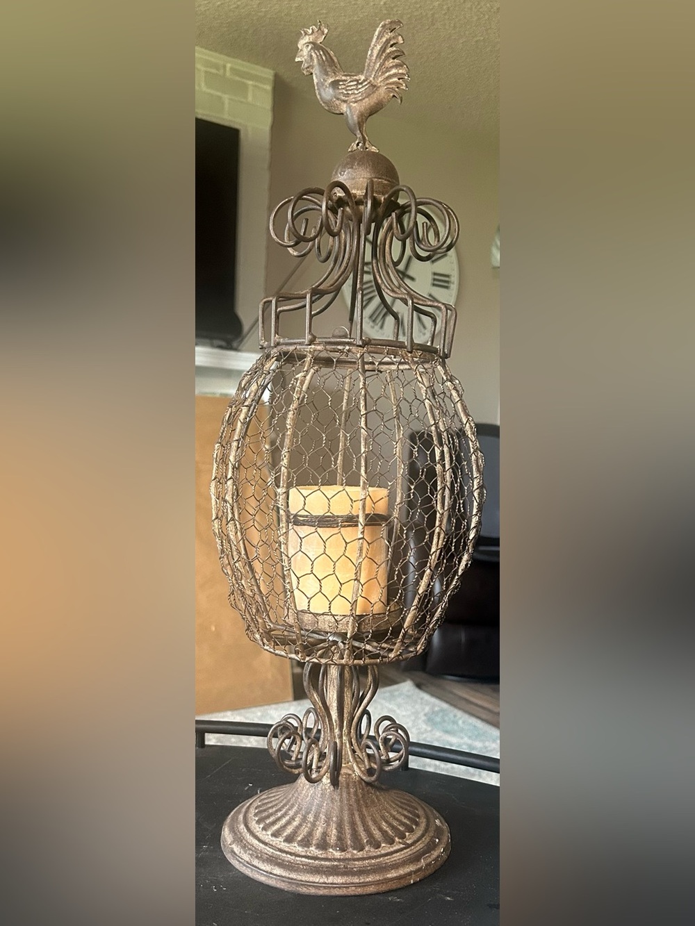 Rooster-topped wire cage candle holder distressed,metal bronze finish,farmhouse